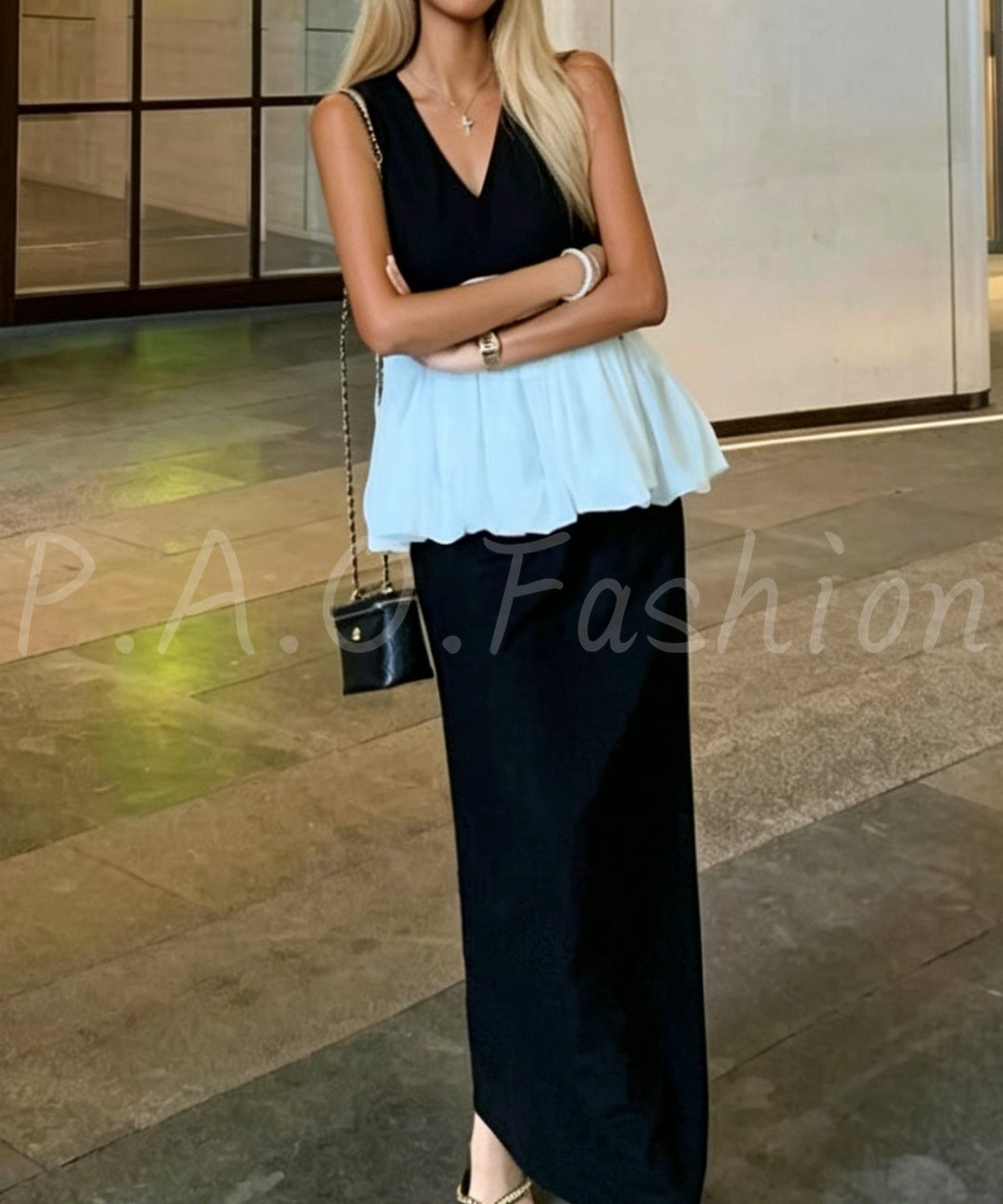 Black & White Contrast Peplum Top & Straight Skirt Set