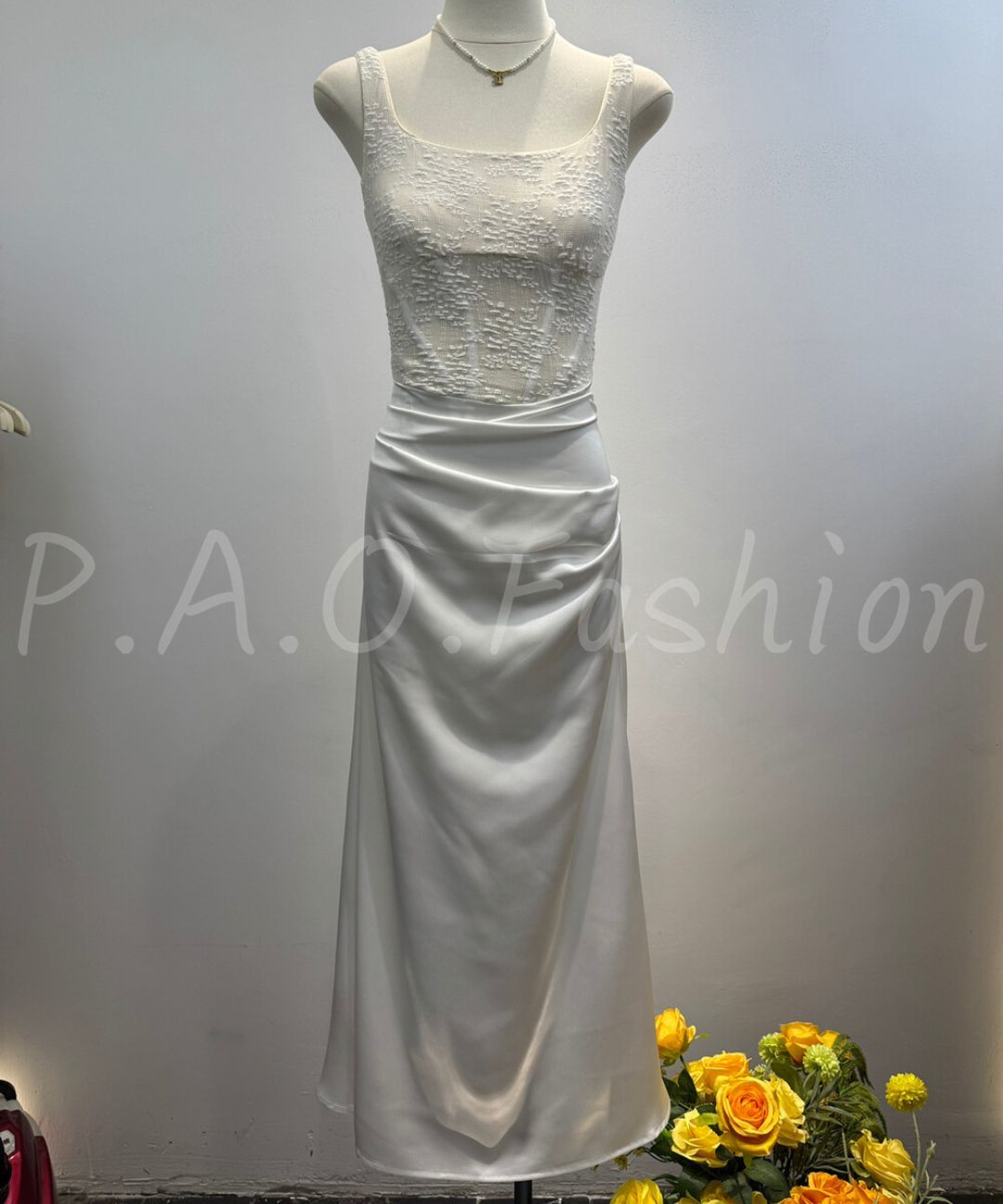 Square Neck Lace Corset Satin Mermaid Maxi Dress