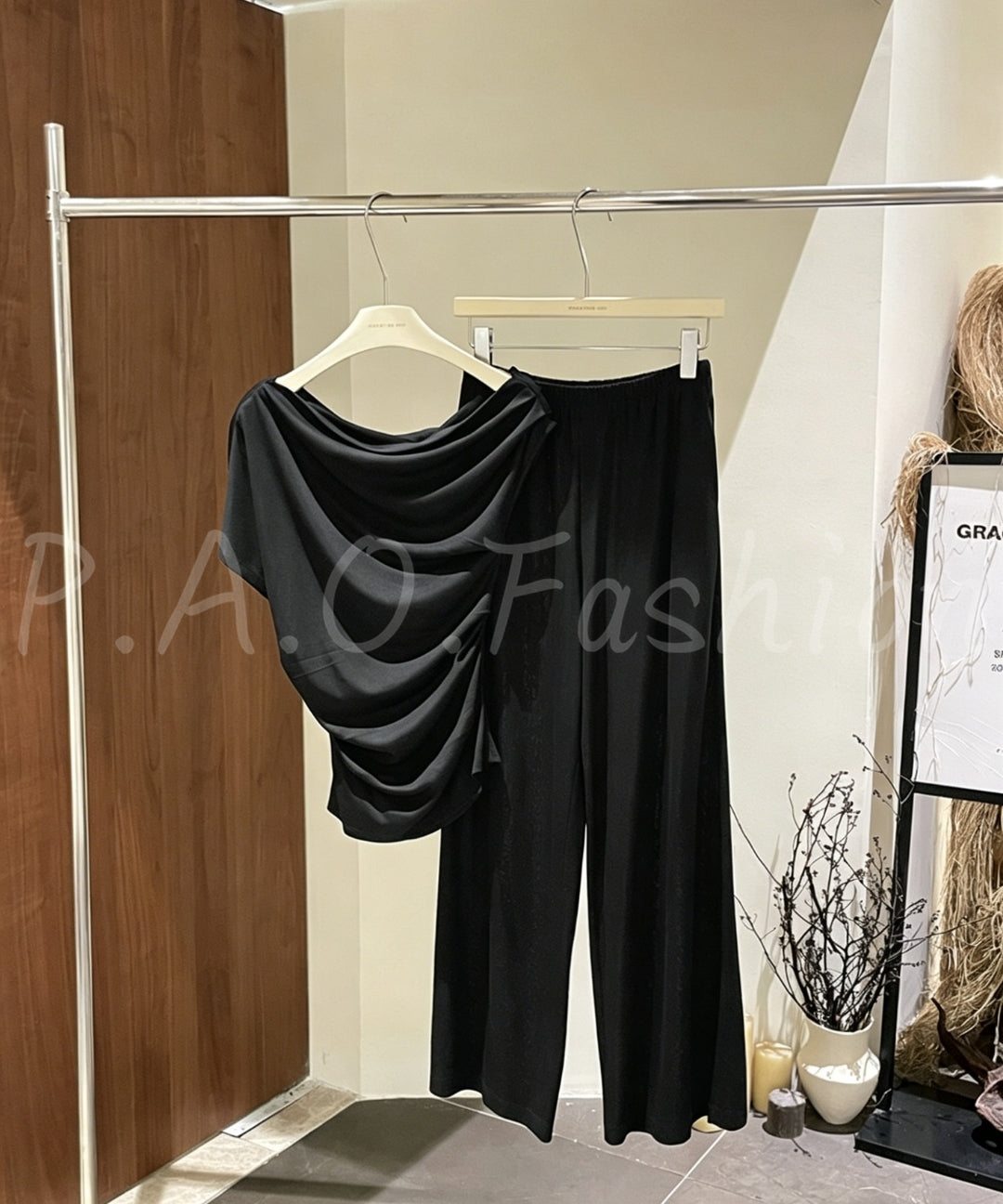 Tencel-Blend Asymmetric Draped Top & Wide-Leg Pants Set[Available Now]