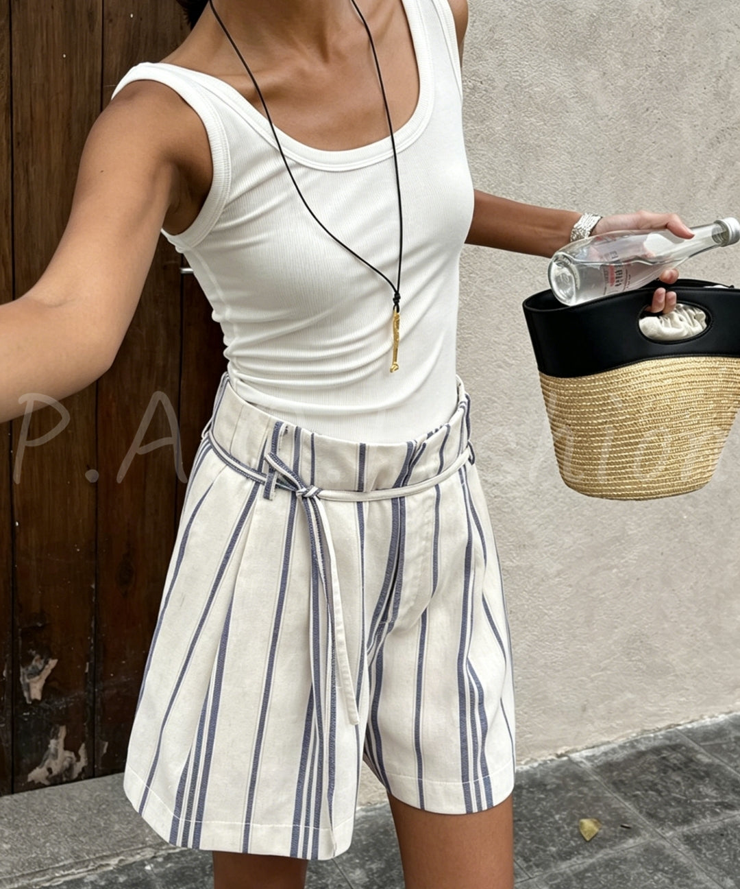 Striped Linen-Blend High-Waisted Shorts[Available Now]