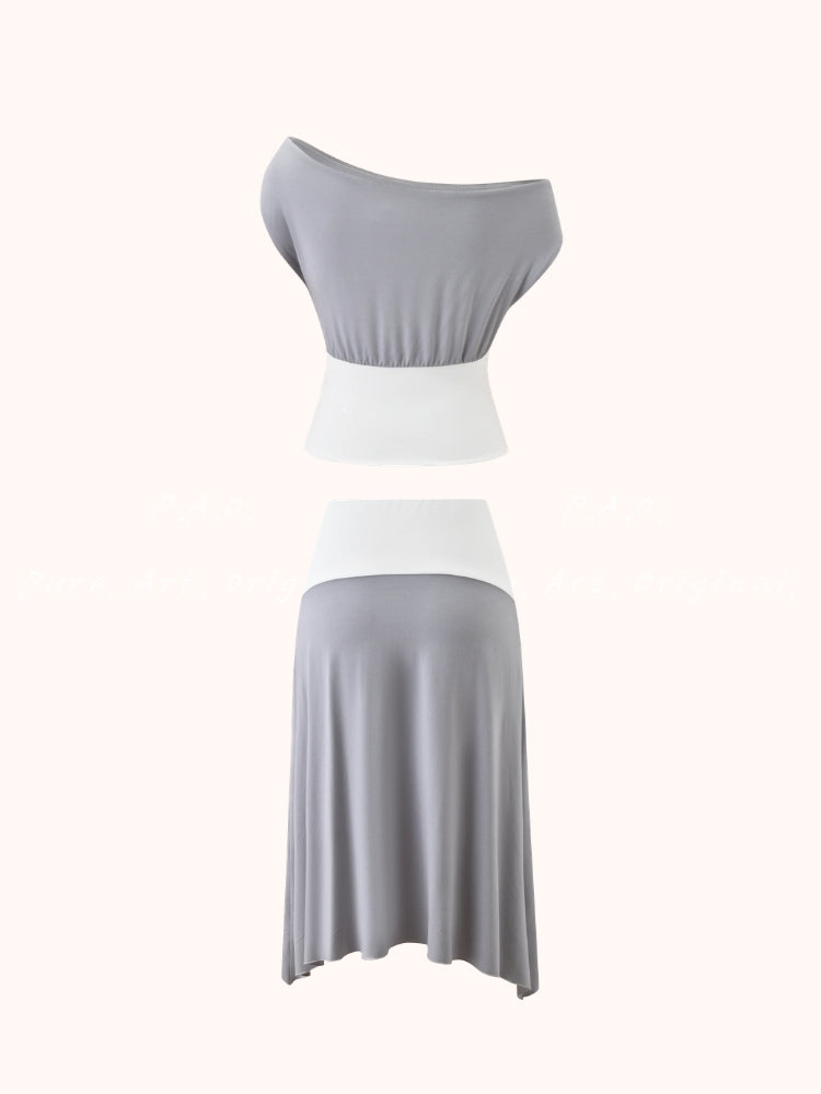 Contrast Off-Shoulder Waist-Cinch Skirt Set