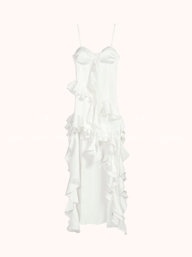 White Asymmetrical Ruffle Chiffon Dress