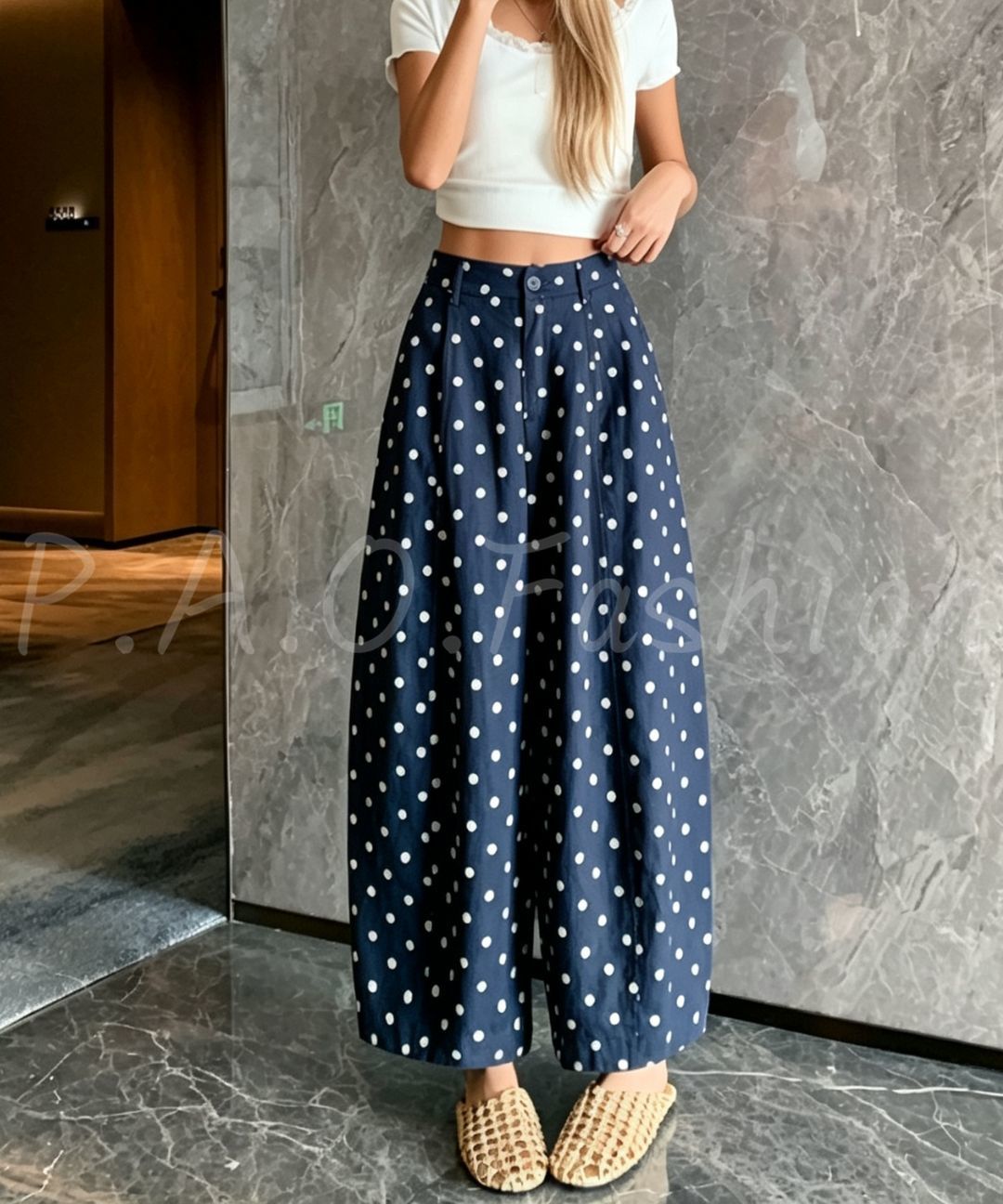Vintage Polka Dot Linen Blend Cropped Wide-Leg Pants