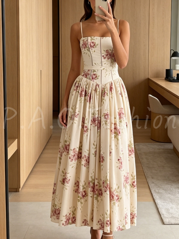 Rose Print Corset A-Line Dress