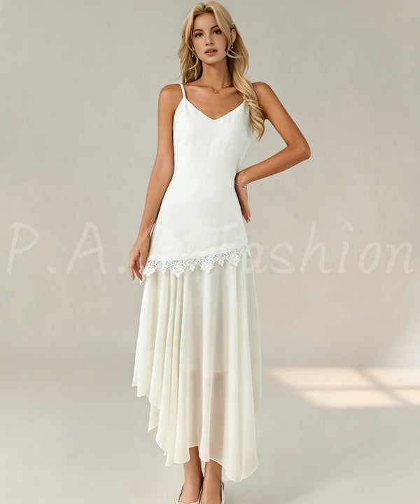 Lace-Trim Asymmetrical Maxi Dress