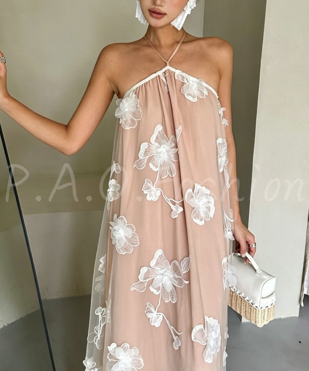 Floral Halter Mesh Maxi Dress