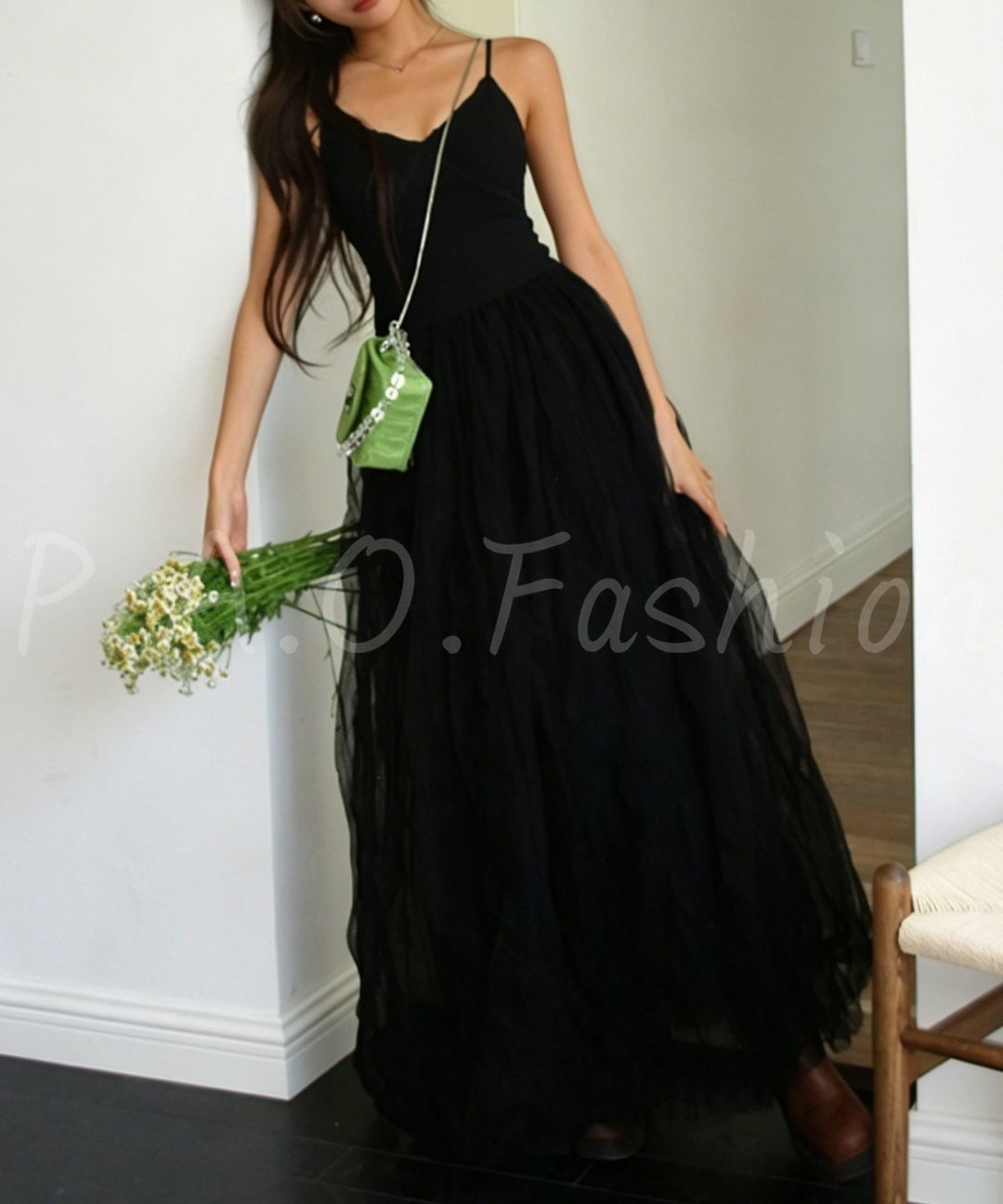 Ribbed Tulle Maxi Dress