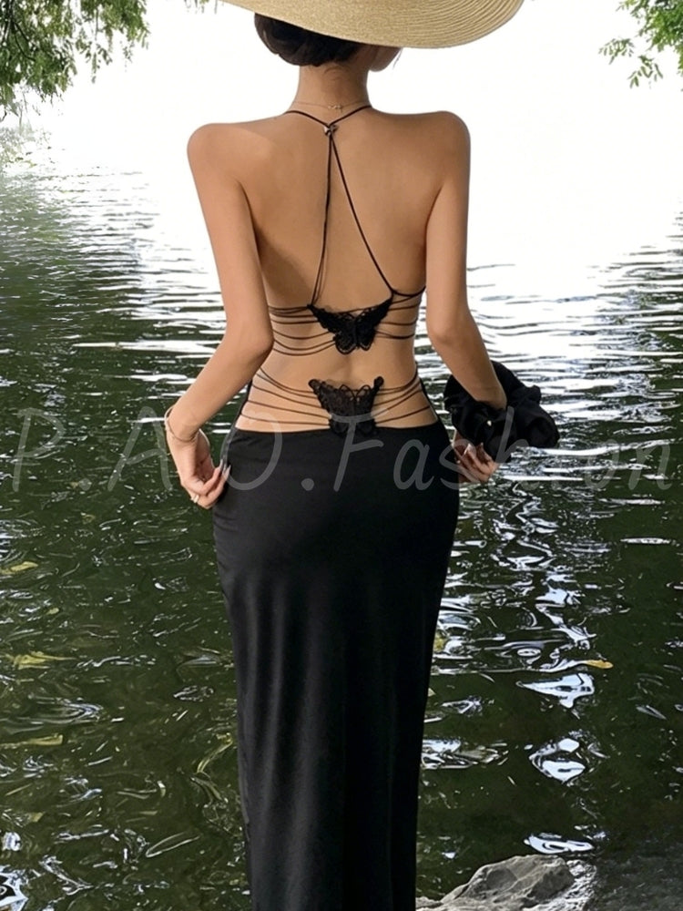 Butterfly Lace Backless Halter Mermaid Maxi Dress