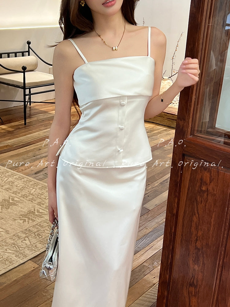 Satin Two-Piece Set – Snatched Waist Top & Sleek Midi Skirt