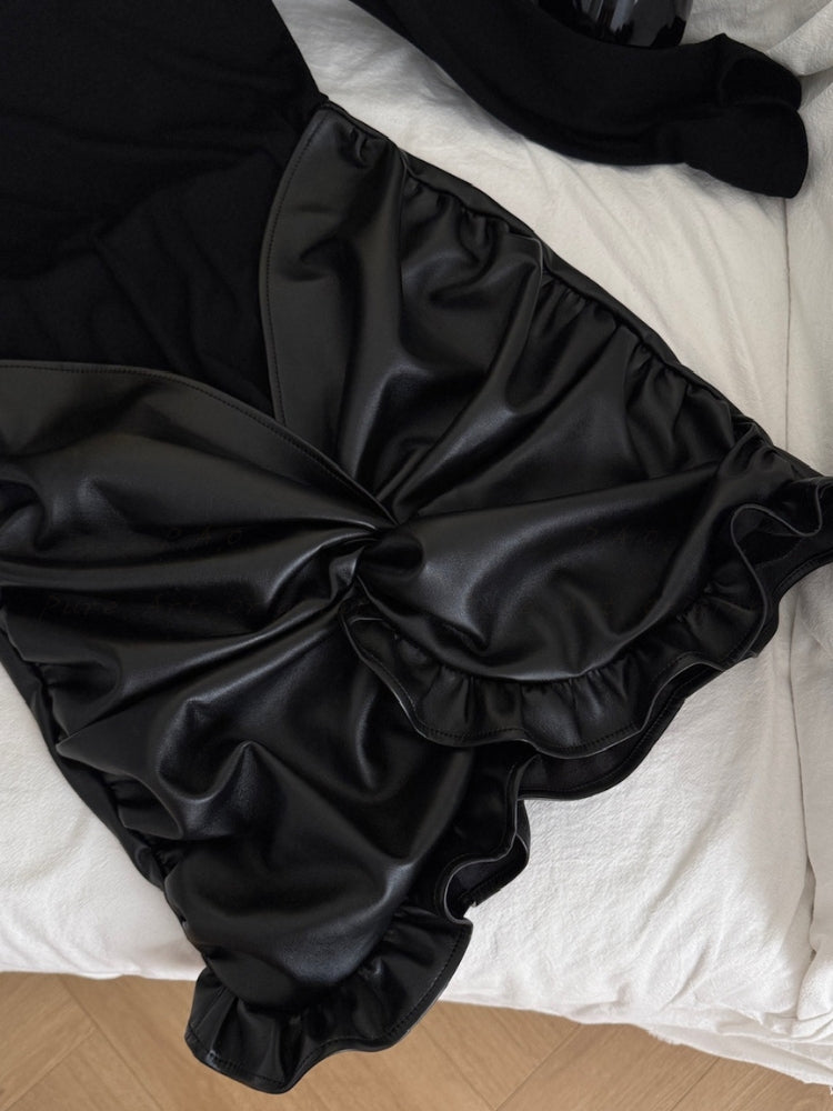 Faux Leather Panel Twist Front Mini Dress