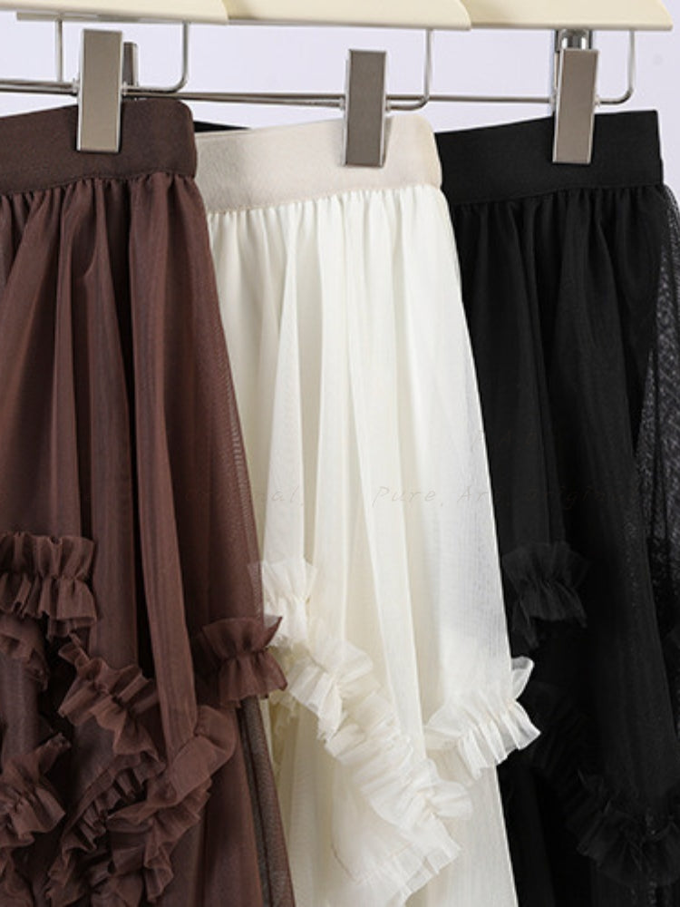 Ruffled Mesh Panel Midi Skirt