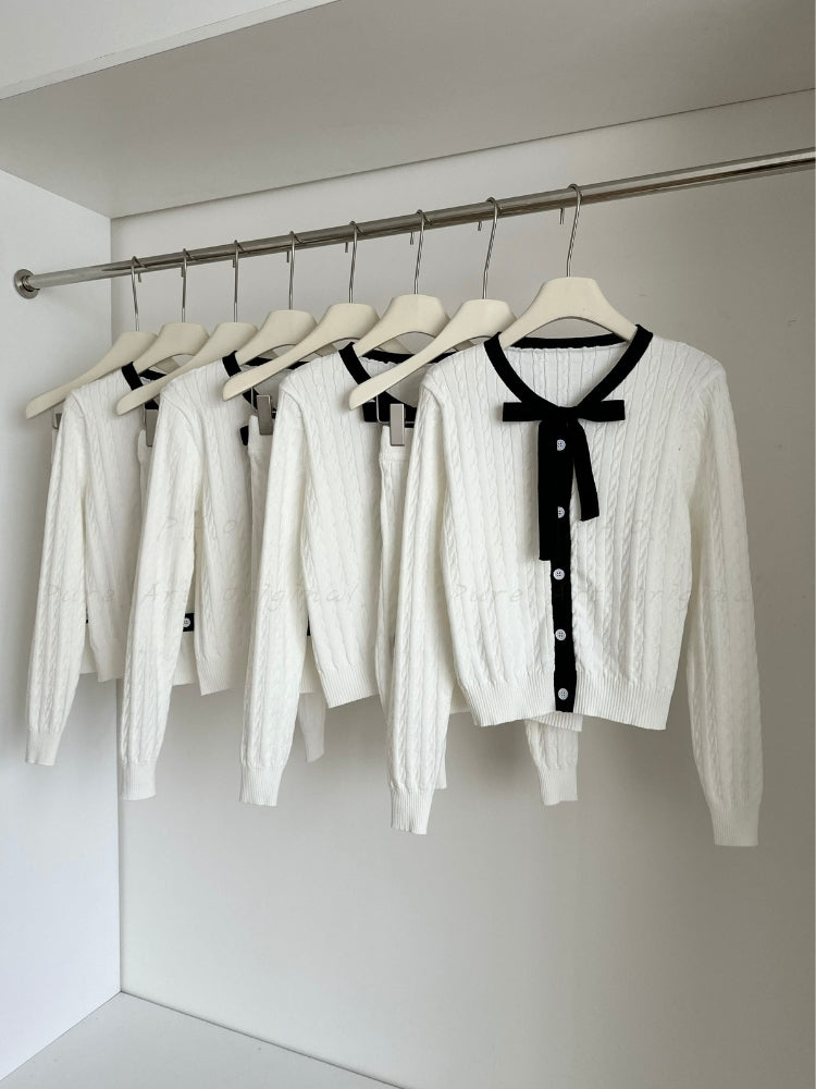 Contrast Bow Knit Cardigan & Mini Skirt Two-Piece Set