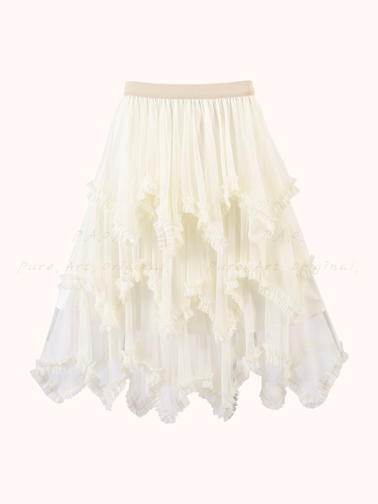 Ruffled Mesh Panel Midi Skirt