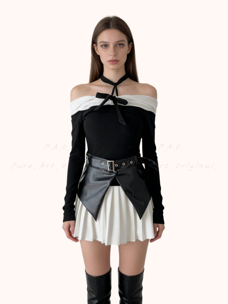 Contrast Off-Shoulder Halter Top & Pleated Skirt Set