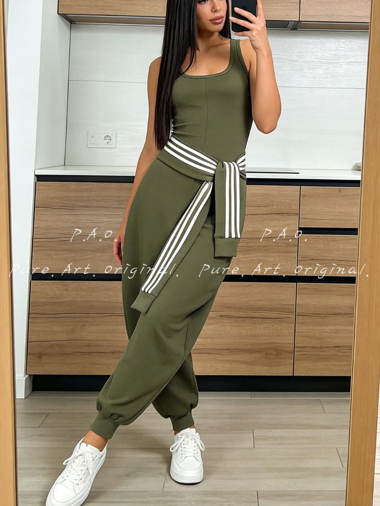U‑Neck Contrast Striped Tie‑Up Zipper Barrel Jumpsuit