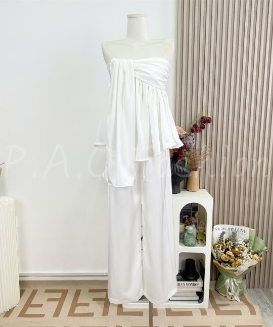 Twist Bandeau Satin Top & Wide-Leg Pants Set