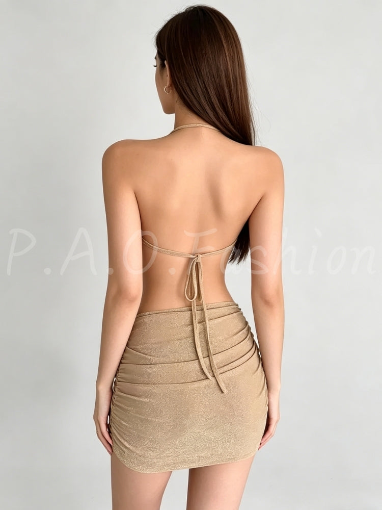 Shimmer Halter Cutout Ruched Mini Dress