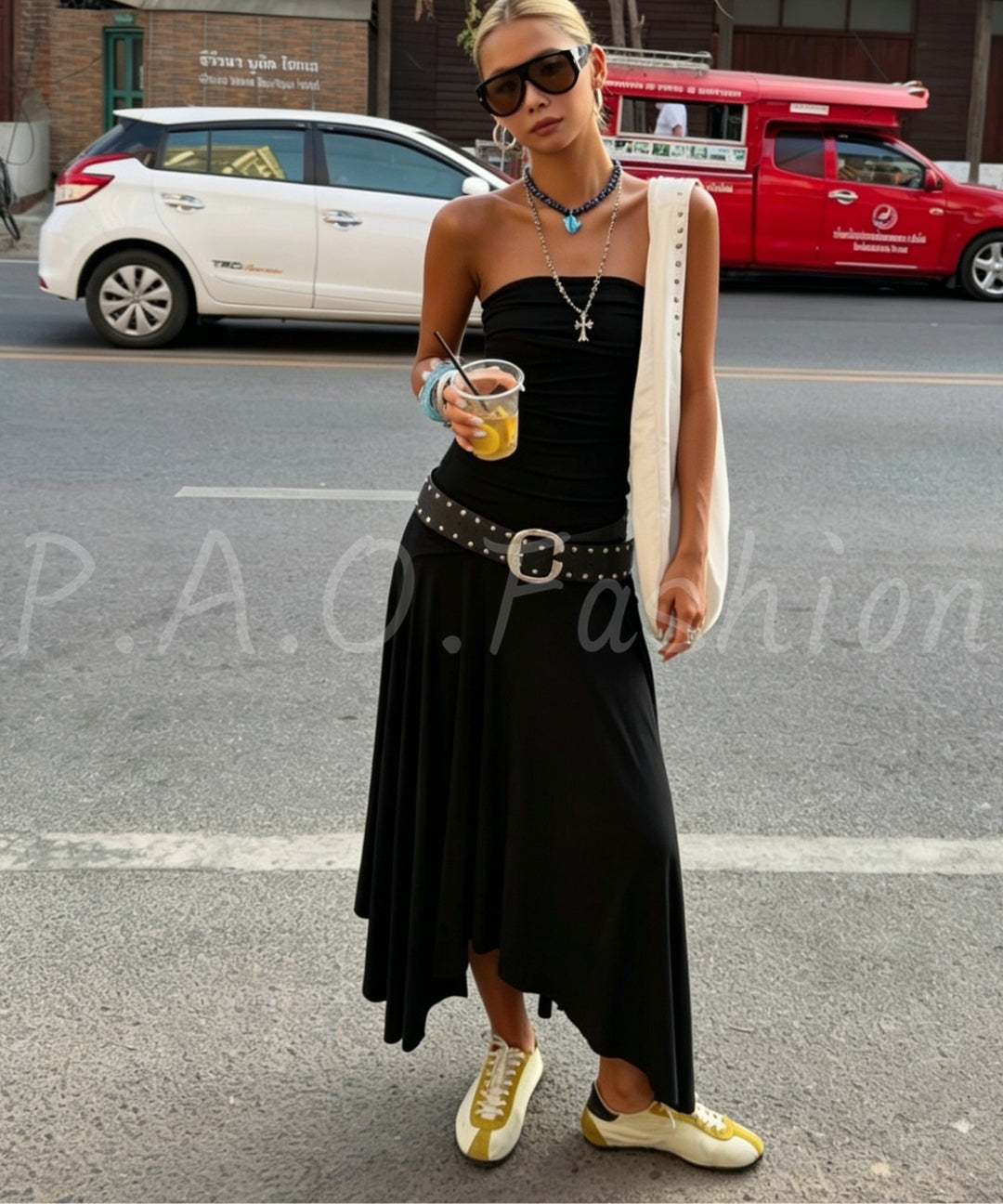 Strapless Ruched Belted Maxi Dress[Available Now]