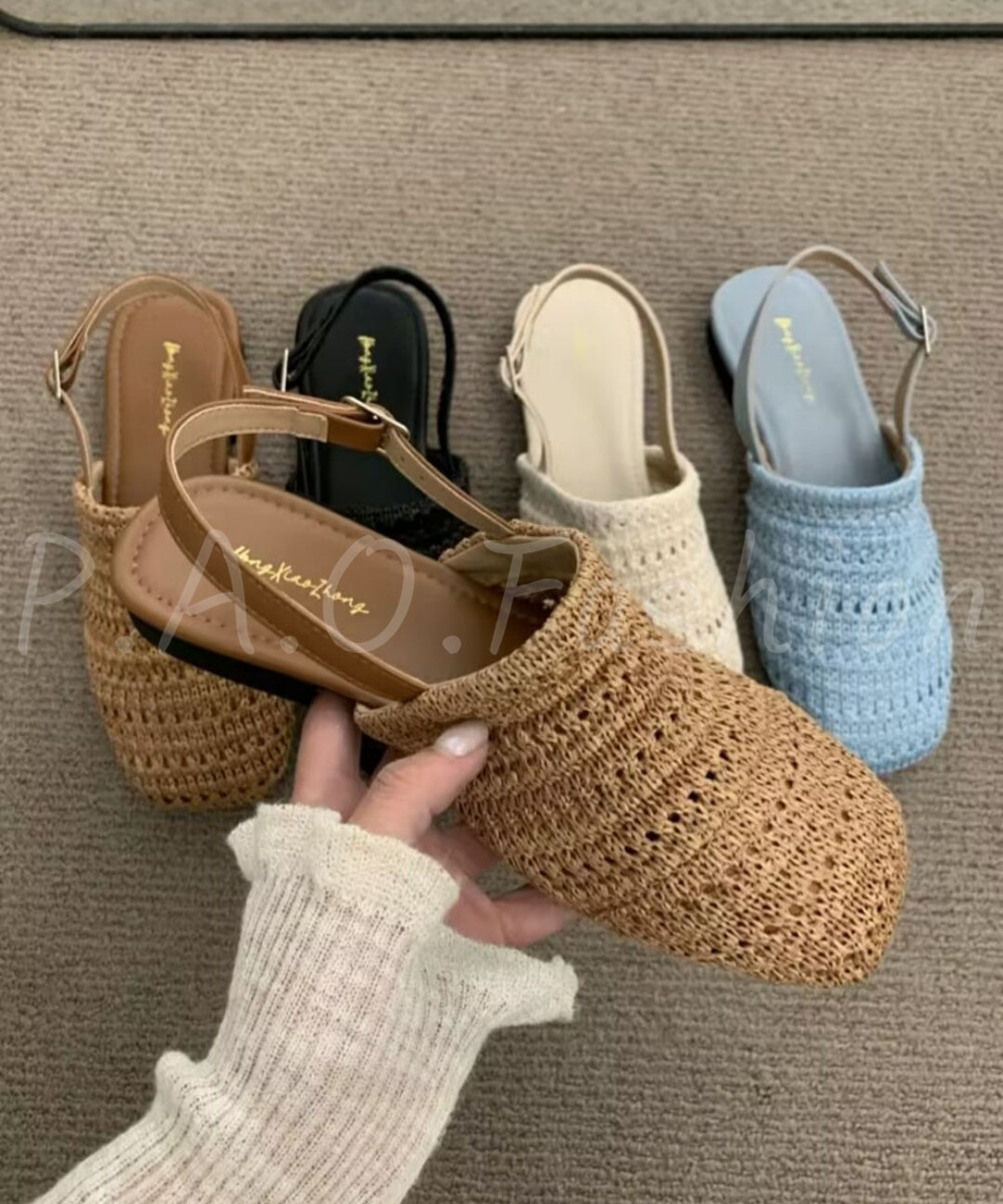 Woven Square-Toe Flat Sandals with Back Strap