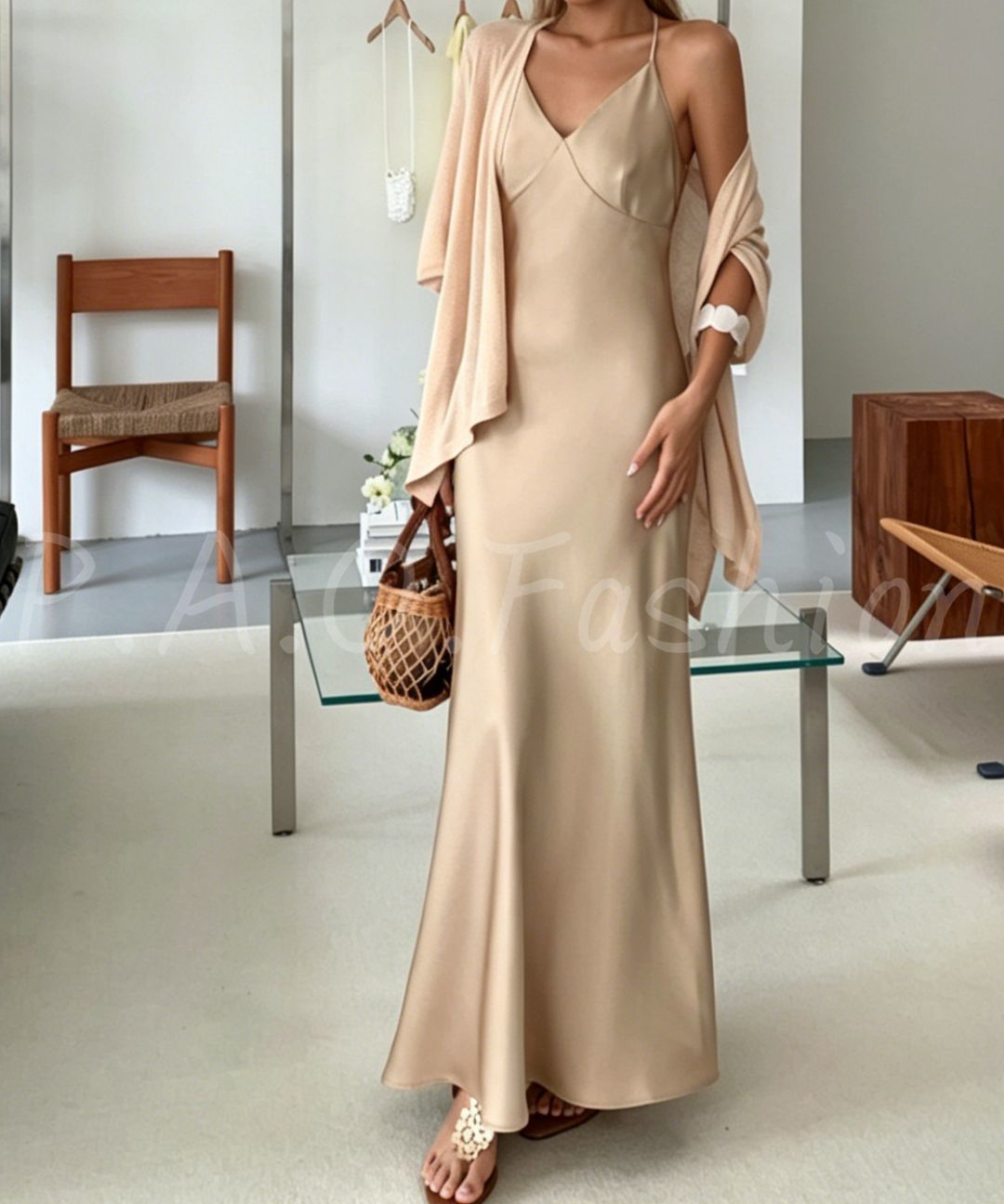 Beaded Halter Satin Mermaid Maxi Dress
