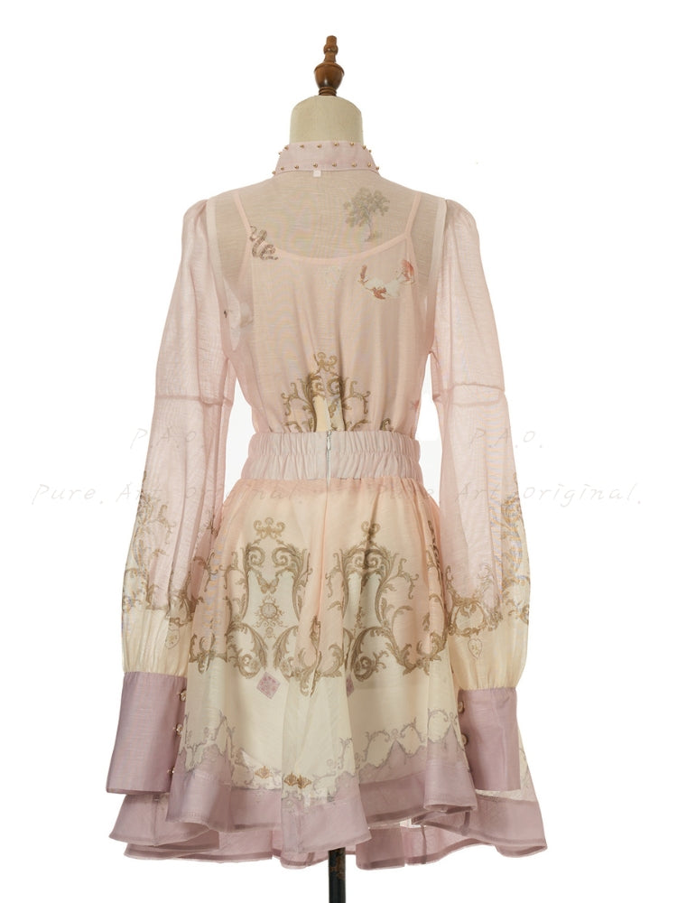 Vintage Print Collar Top & Flared Mini Skirt 3-Piece Set