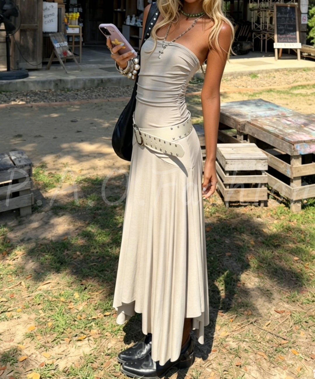 Strapless Ruched Belted Maxi Dress[Available Now]