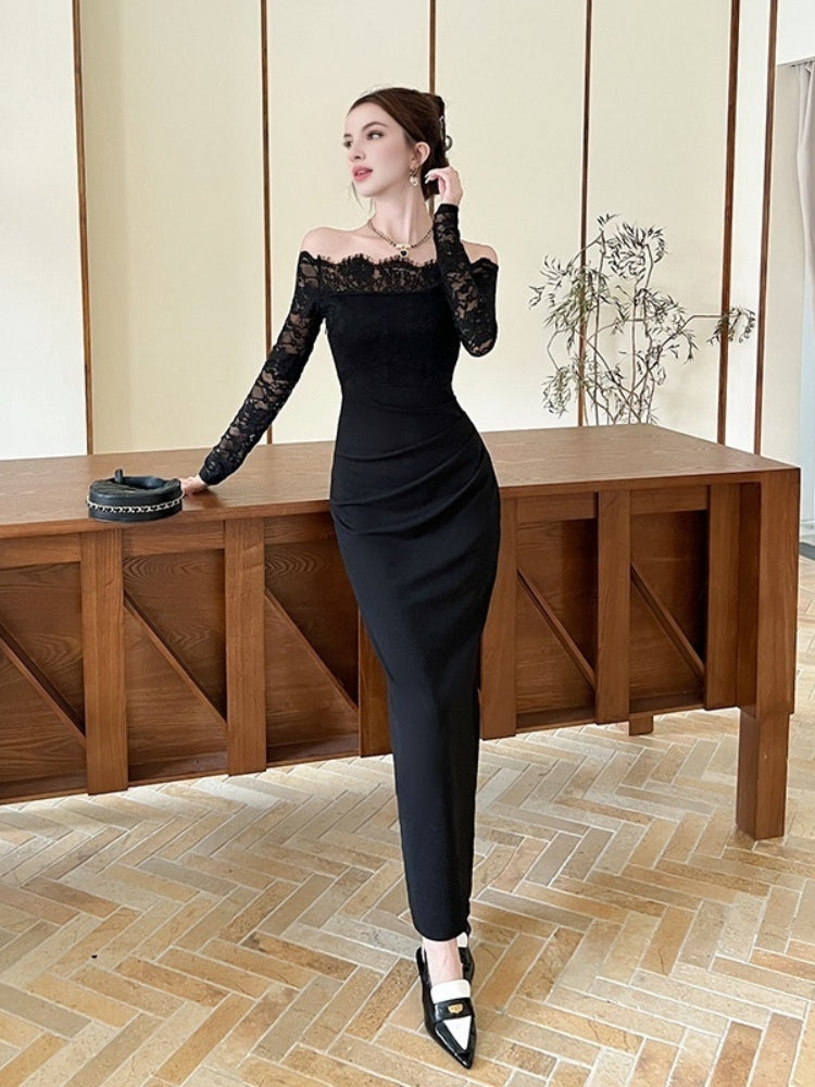 Off-Shoulder Lace Panel Long-Sleeve Maxi Dress