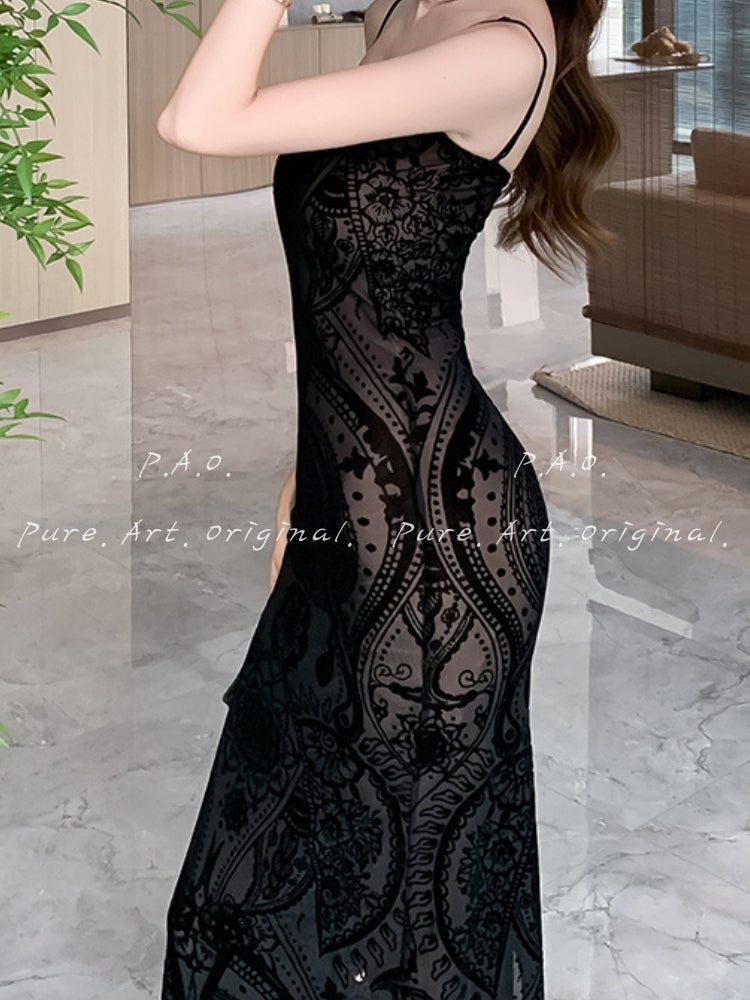 NOIR VELVET LACE MERMAID MAXI DRESS