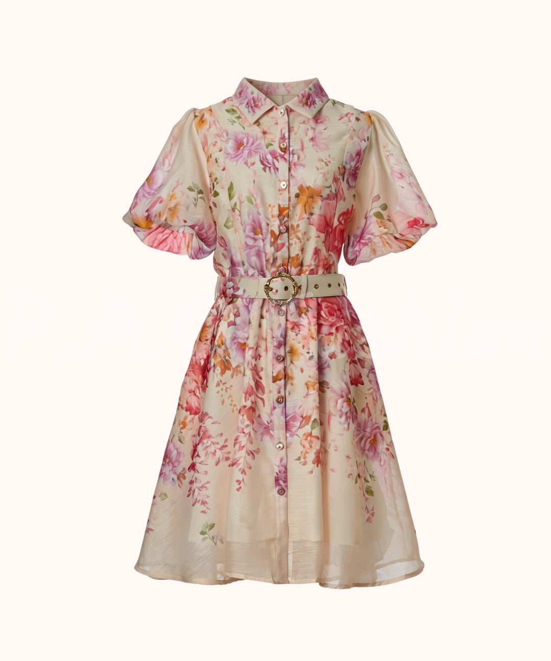Garden Print Puff Sleeve Waist Dress[Available Now]