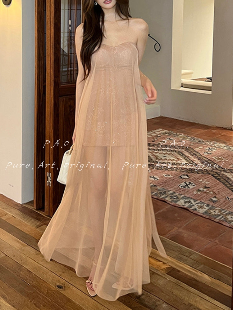 Strapless Mesh Train Maxi Dress