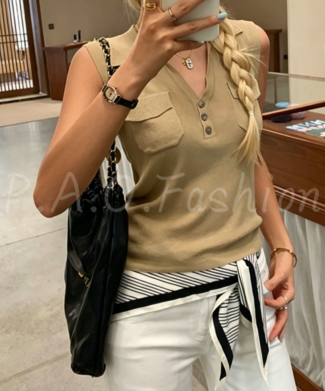 Linen-Blend Polo Knit Tank