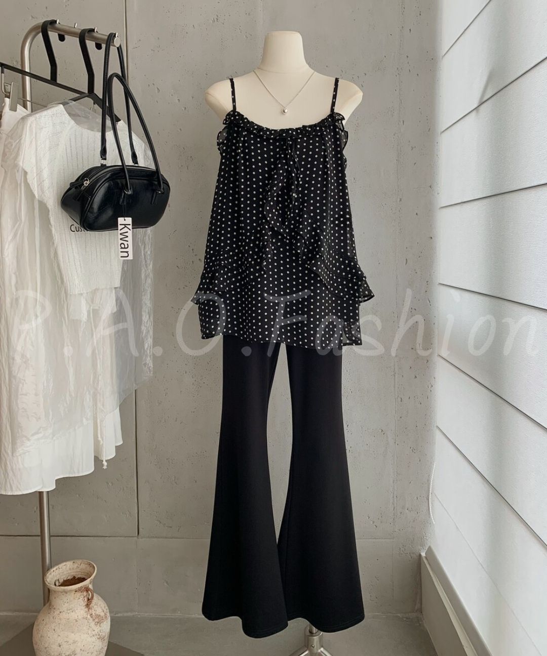 French Polka Dot Ruffle Cami & Wide-Leg Pants Set