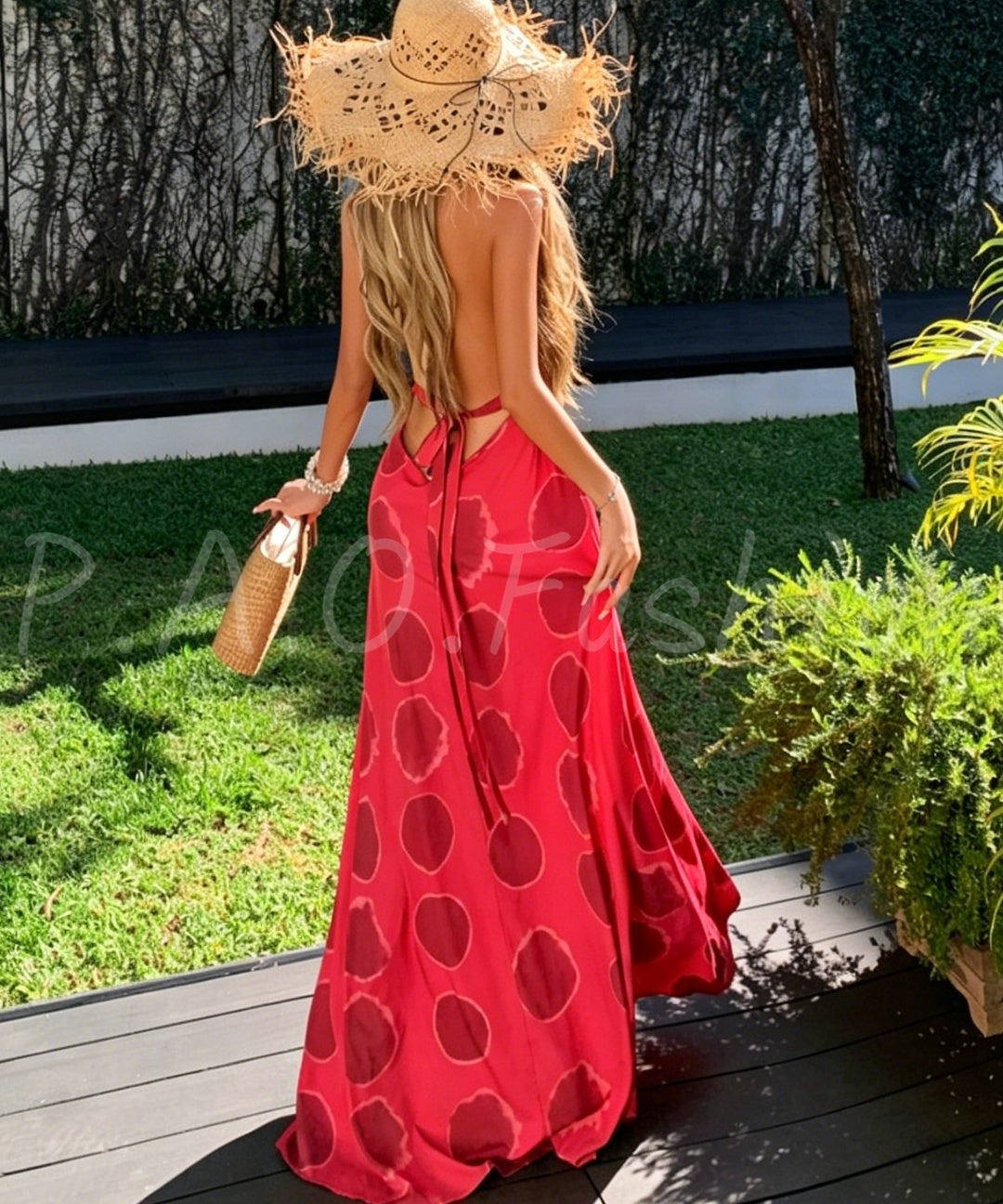 Polka Dot Halter Backless Maxi Dress