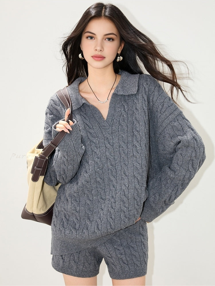 Polo Collar Cable-Knit Sweater & Shorts Two-Piece Set