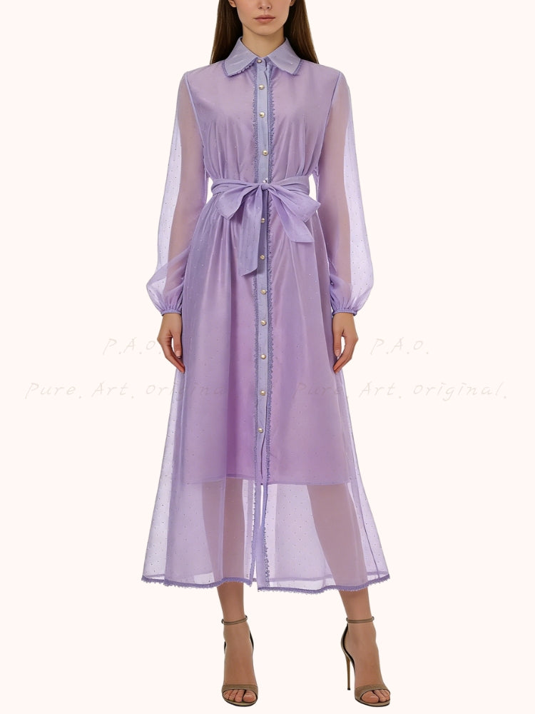 Rhinestone Organza Trim Tie-Waist Maxi Dress