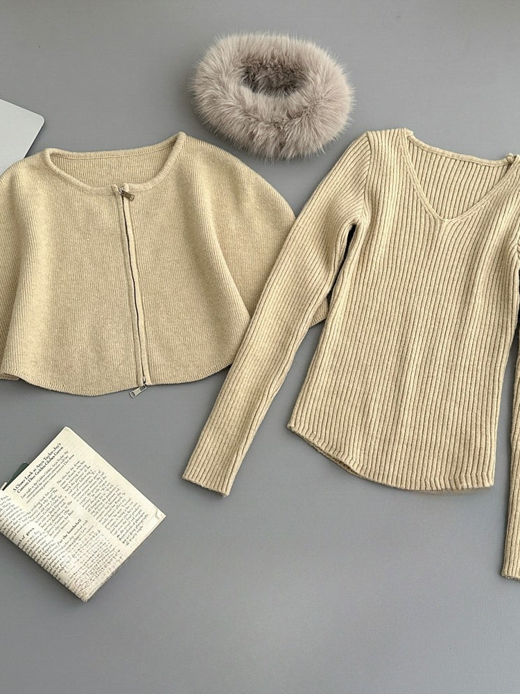 Detachable Faux Fox Fur Collar Cape Sweater Set (Multi-Way Styling)