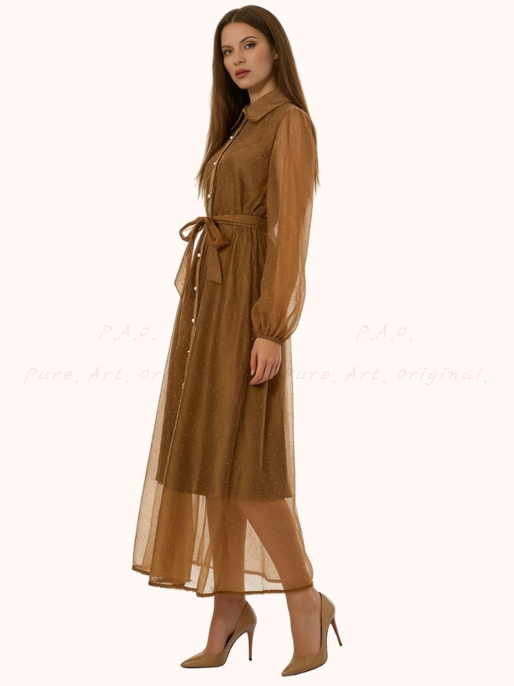 Rhinestone Organza Trim Tie-Waist Maxi Dress