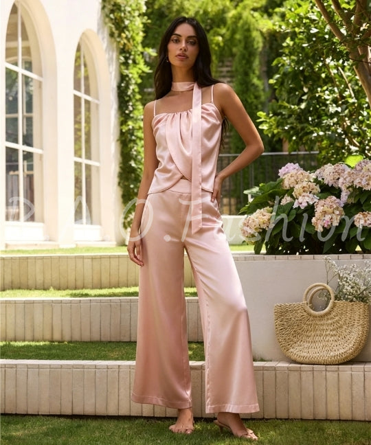 Satin Halter Scarf Top & Wide-Leg Pants Set