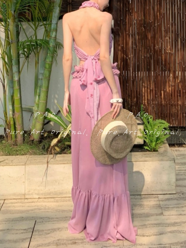 SERENIA HALTER BACKLESS RUFFLE TWO-PIECE MAXI SET