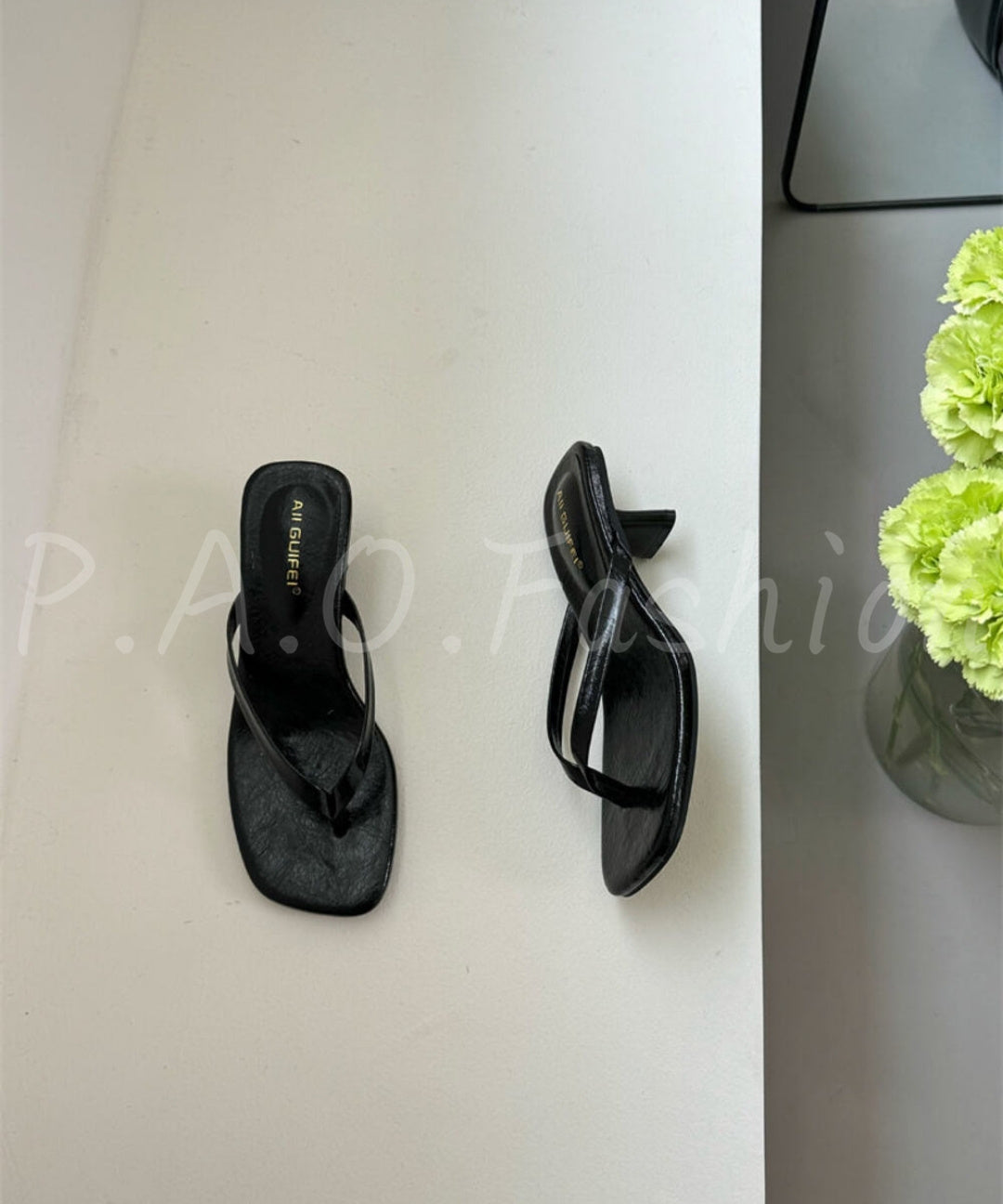 French Square-Toe Thong Heel Sandals