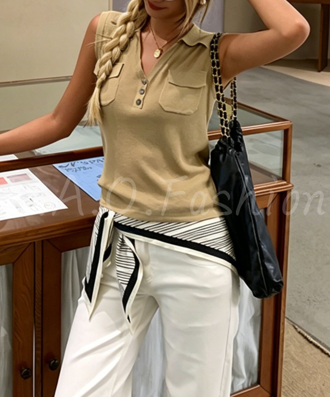 Linen-Blend Polo Knit Tank
