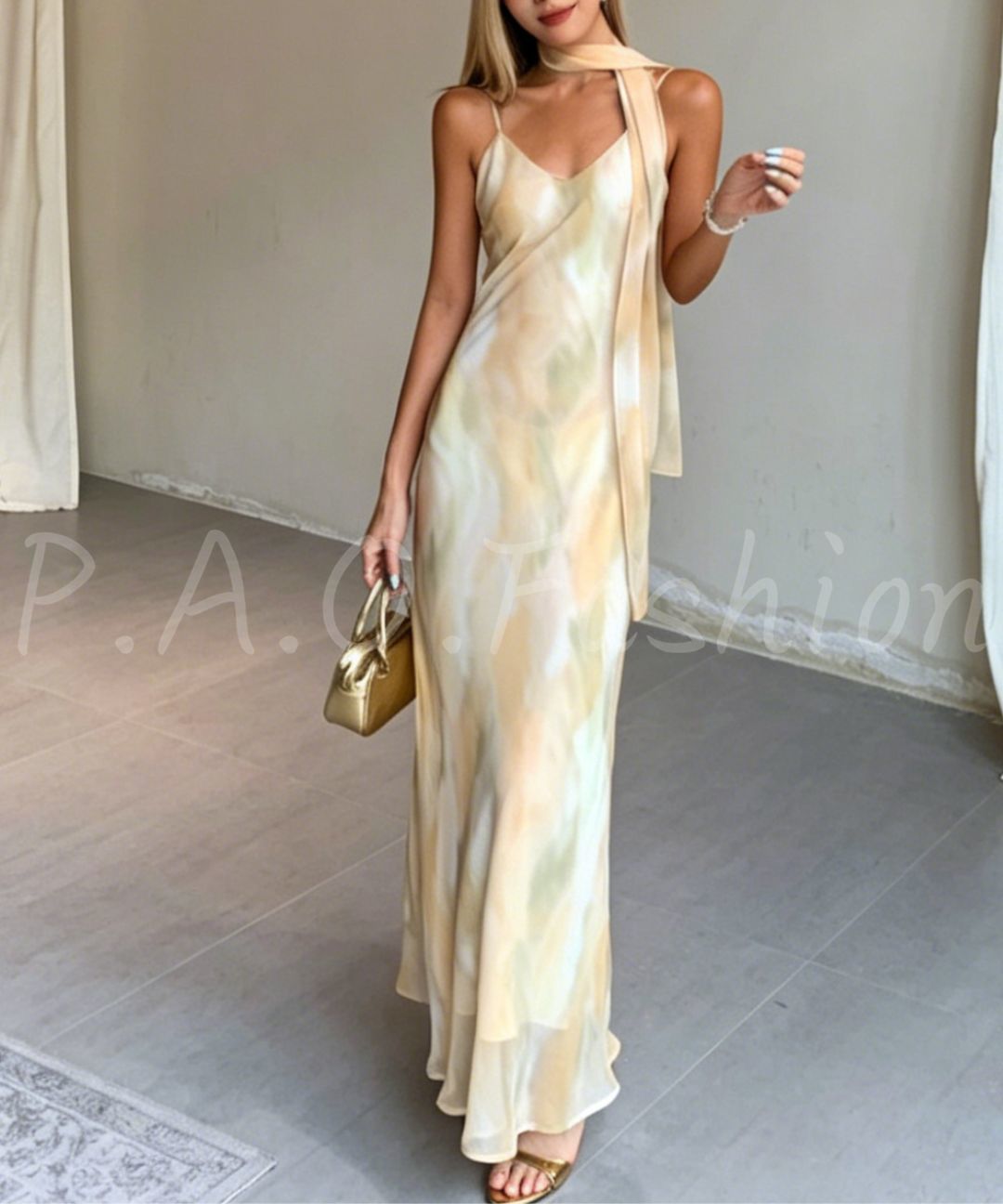 Watercolor Print Scarf-Tie Mermaid Maxi Dress