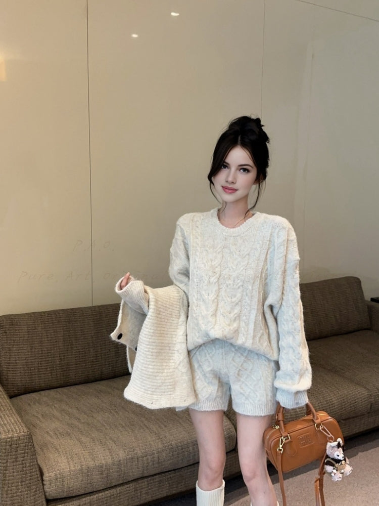 Cozy Cable-Knit Sweater, Shorts & Scarf 3-Piece Set
