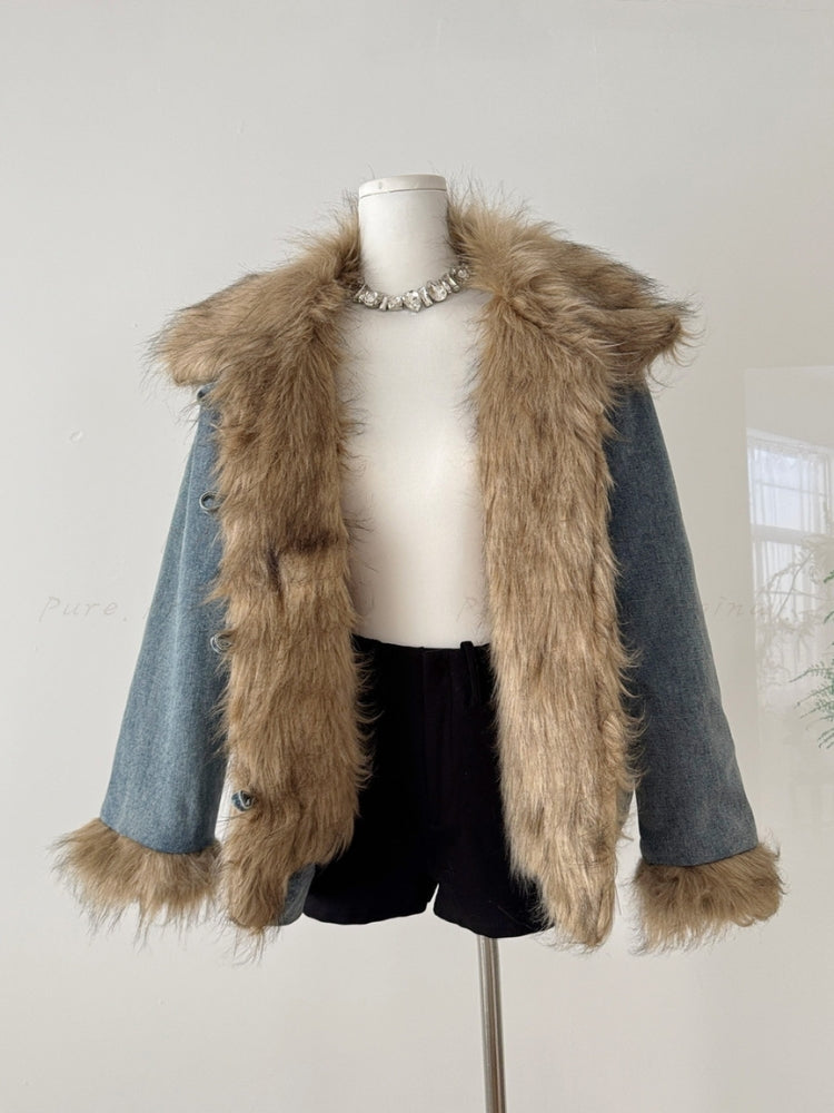 Washed Denim Faux-Fur Patchwork Puffer Jacket