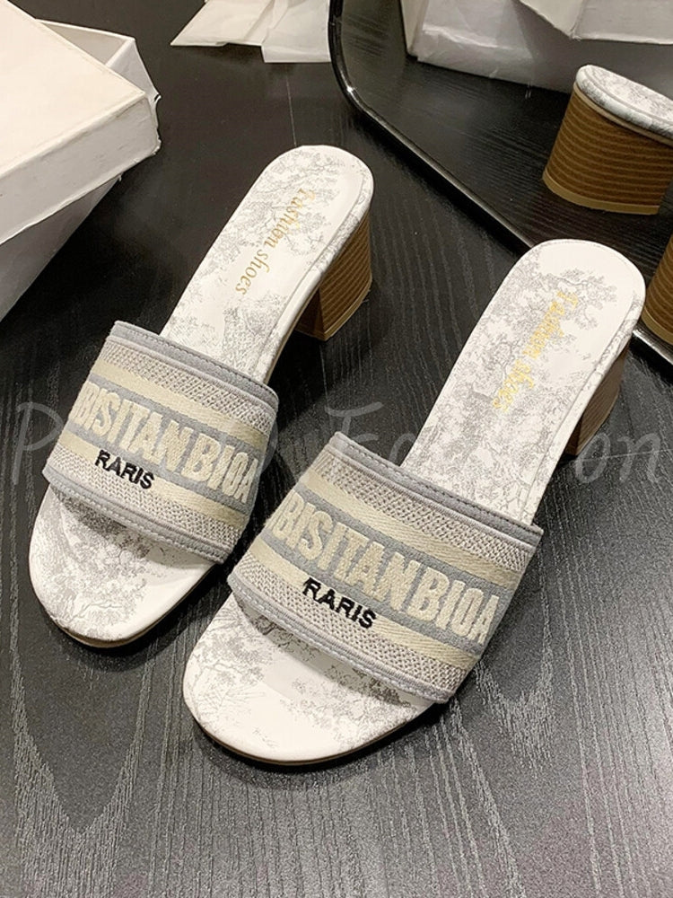Embroidered Square-Toe Block Heel Slide Sandals