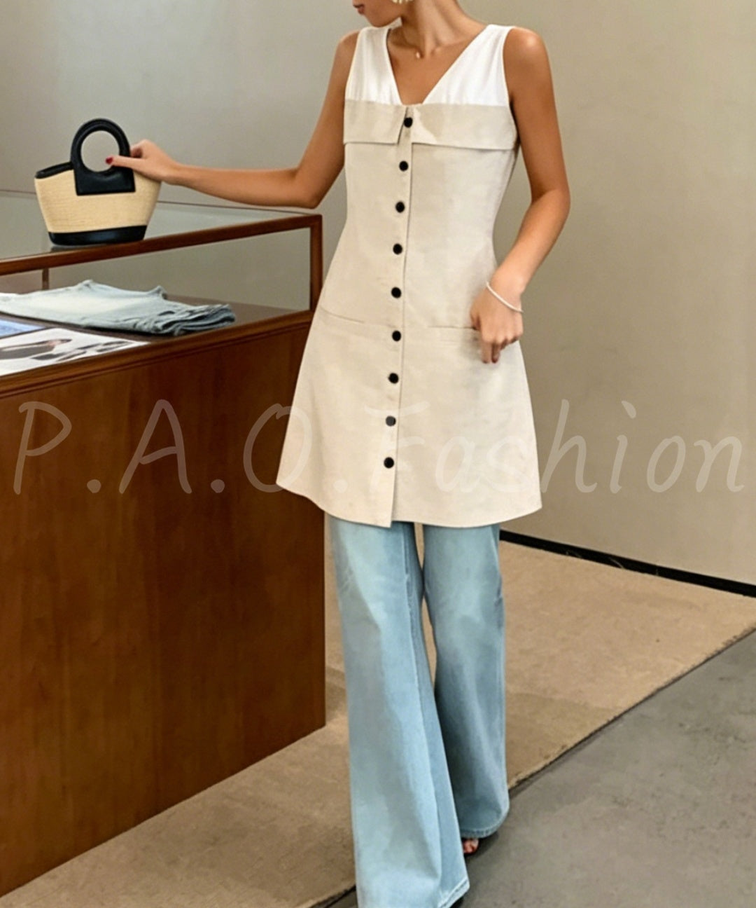 Colorblock V-Neck Linen Blend Sleeveless Mini Dress
