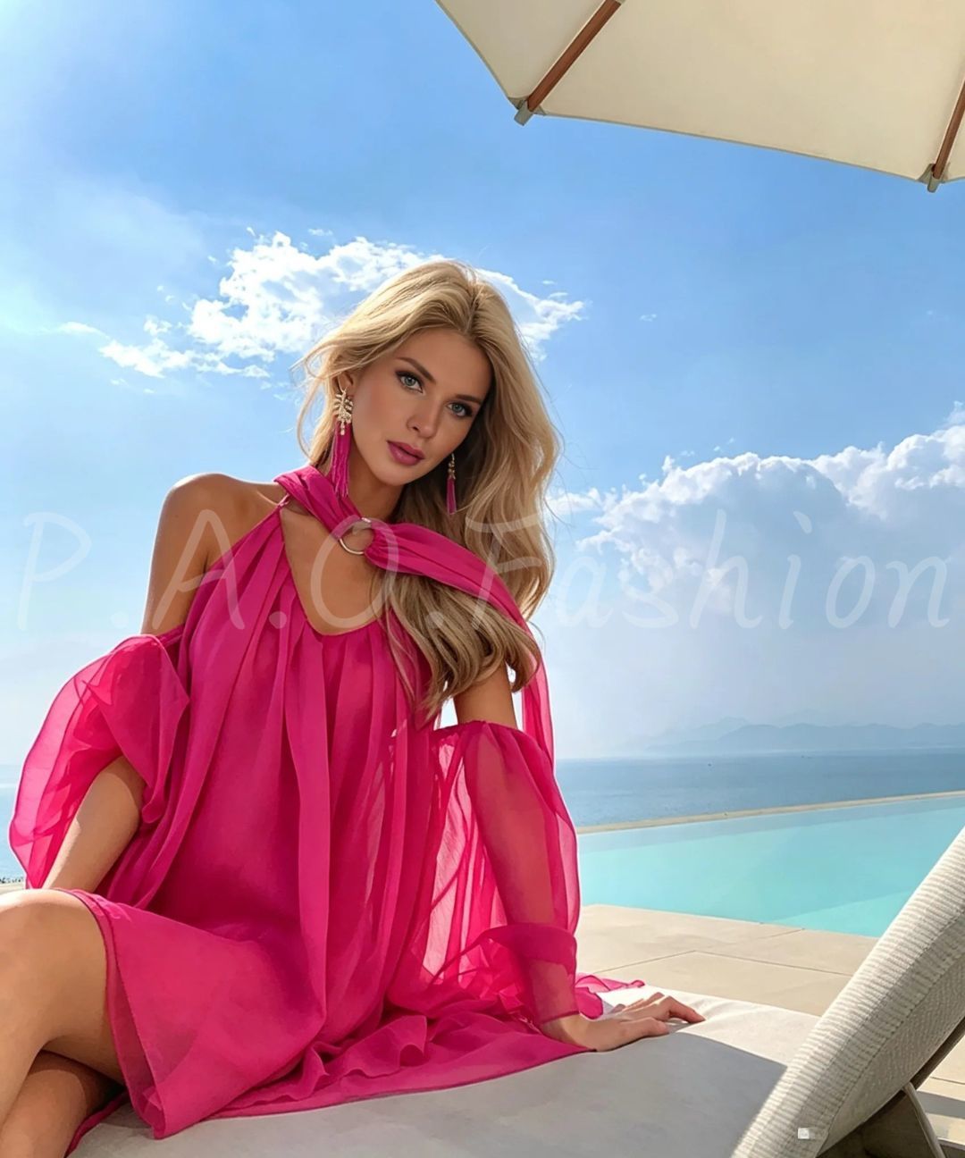 Fuchsia Halter Cutout Chiffon Resort Mini Dress