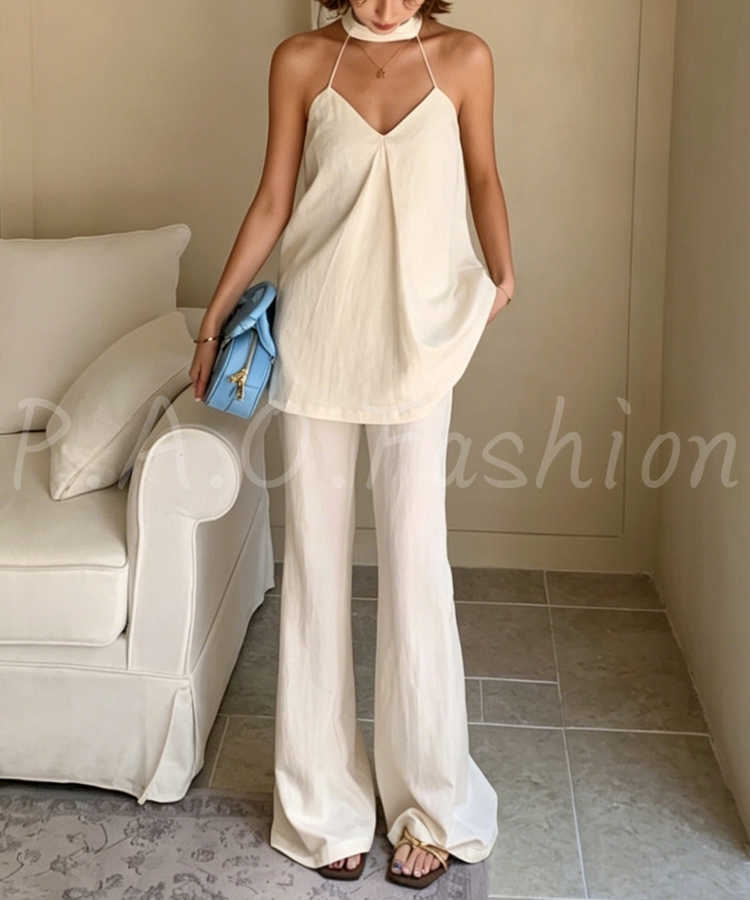 Halter V-Neck Top & Wide-Leg Pants Set[Available Now]