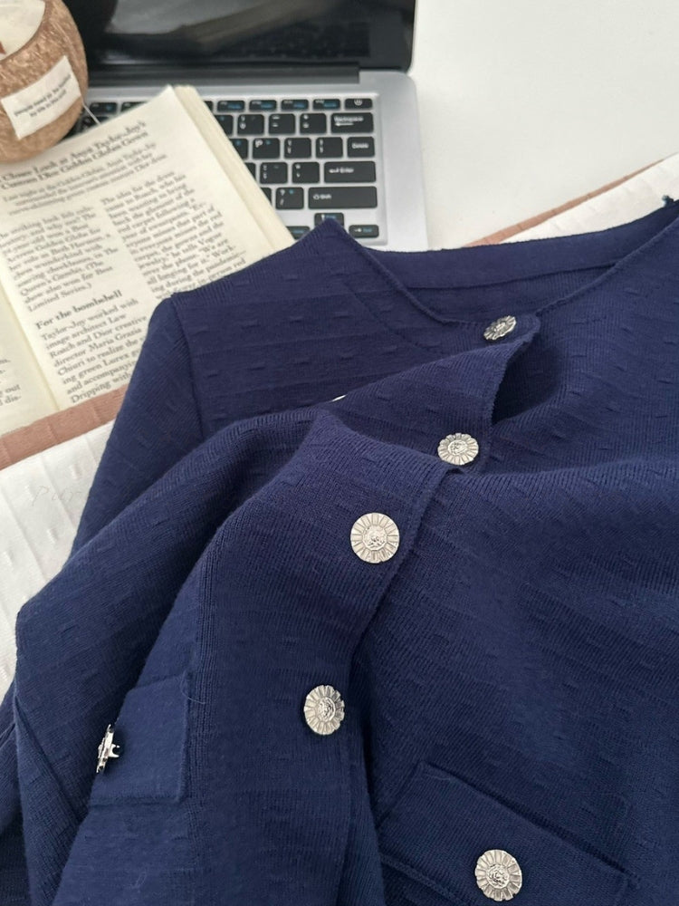 Rhinestone Brooch Jacquard Knit Cardigan & Waist-Defining Mini Skirt Two-Piece Set