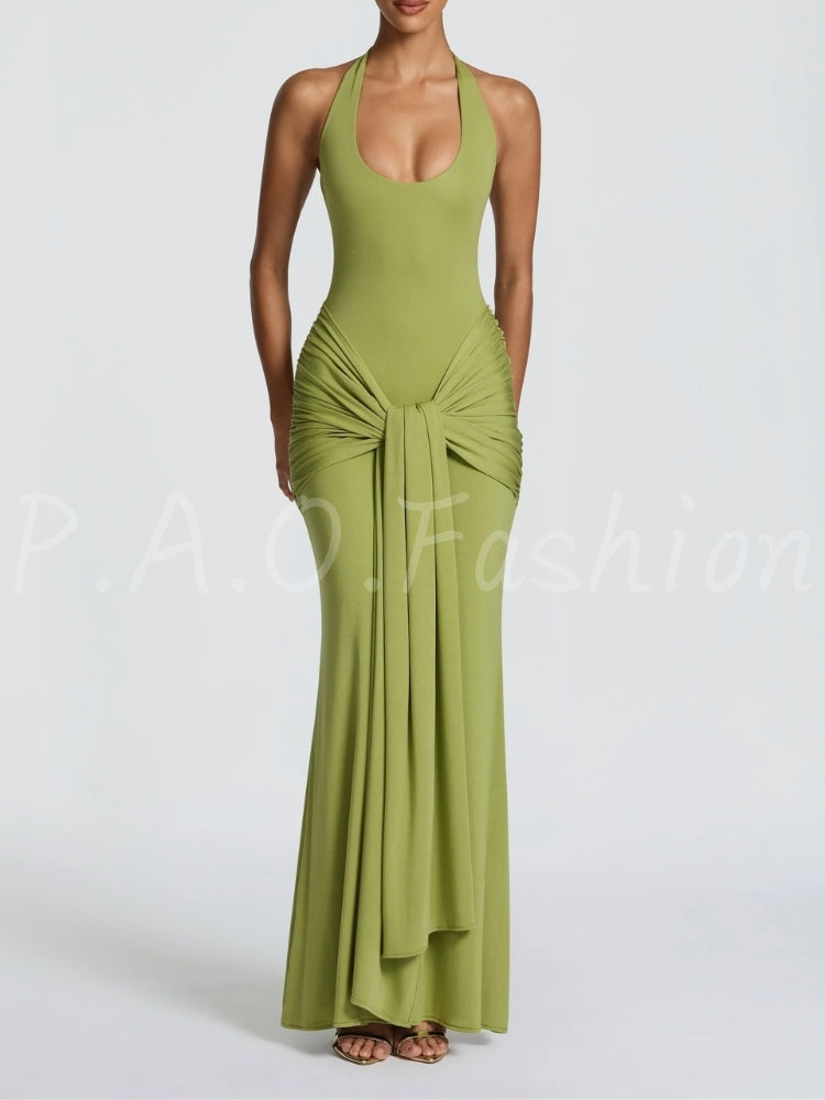 Twist Halter Ruched Open-Back Mermaid Maxi Dress
